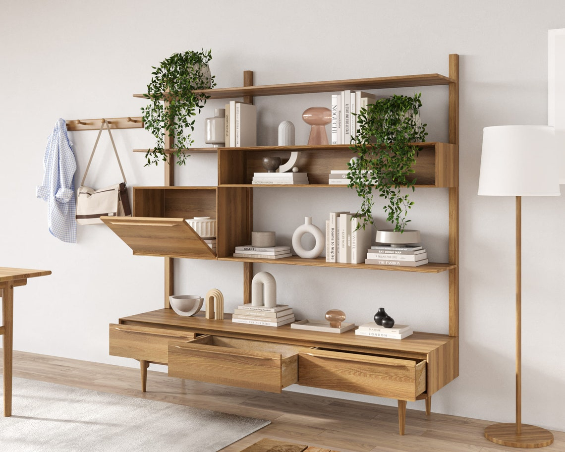 Scandinavian-Style Wooden Shelving With Drawers - Etsy with Scandinavian Shelf Style