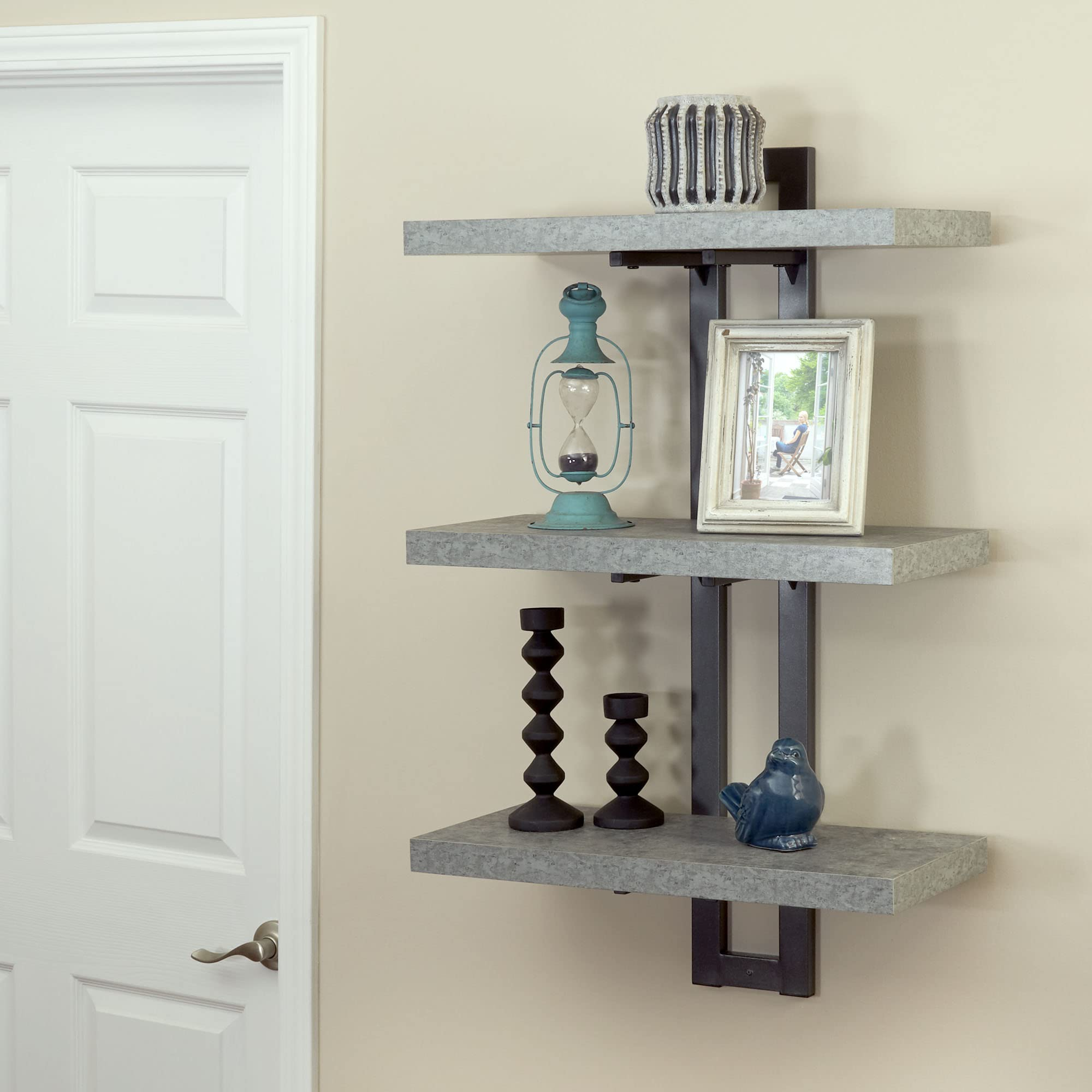 Snapklik.com : Household Essentials Jamestown 3 Tier Wall Shelf within Jamestown 3 Tier Wall Shelf, Single-Hole Mount Rustic Slate Concrete, Grey Metal, Grey