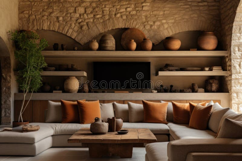 Terra Cotta Sofa Against Stone Cladding Wall And Tv On It. Farmhouse Interior Design Of Modern ... in Styling Your Space with Authentic Terra Cotta Walter Wall Shelves