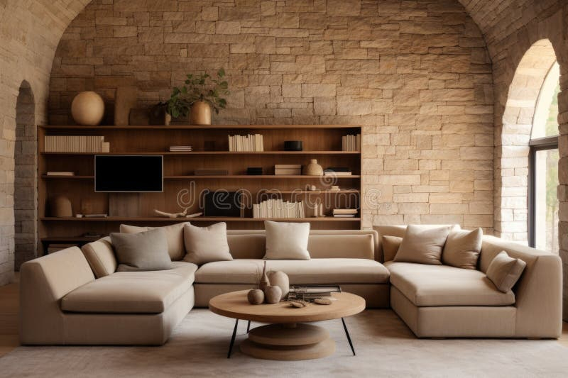 Terra Cotta Sofa Against Stone Cladding Wall And Tv On It. Farmhouse Interior Design Of Modern ... with Styling Your Space with Authentic Terra Cotta Walter Wall Shelves