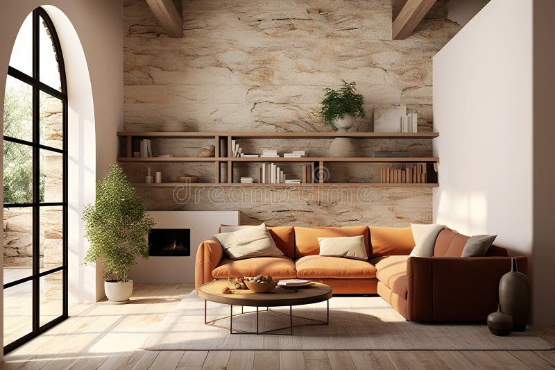 Terra Cotta Sofa Against Stone Cladding Wall With Tv Modern Farmhouse Living Room Design ... pertaining to Walter Wall Shelf, Terra Cotta