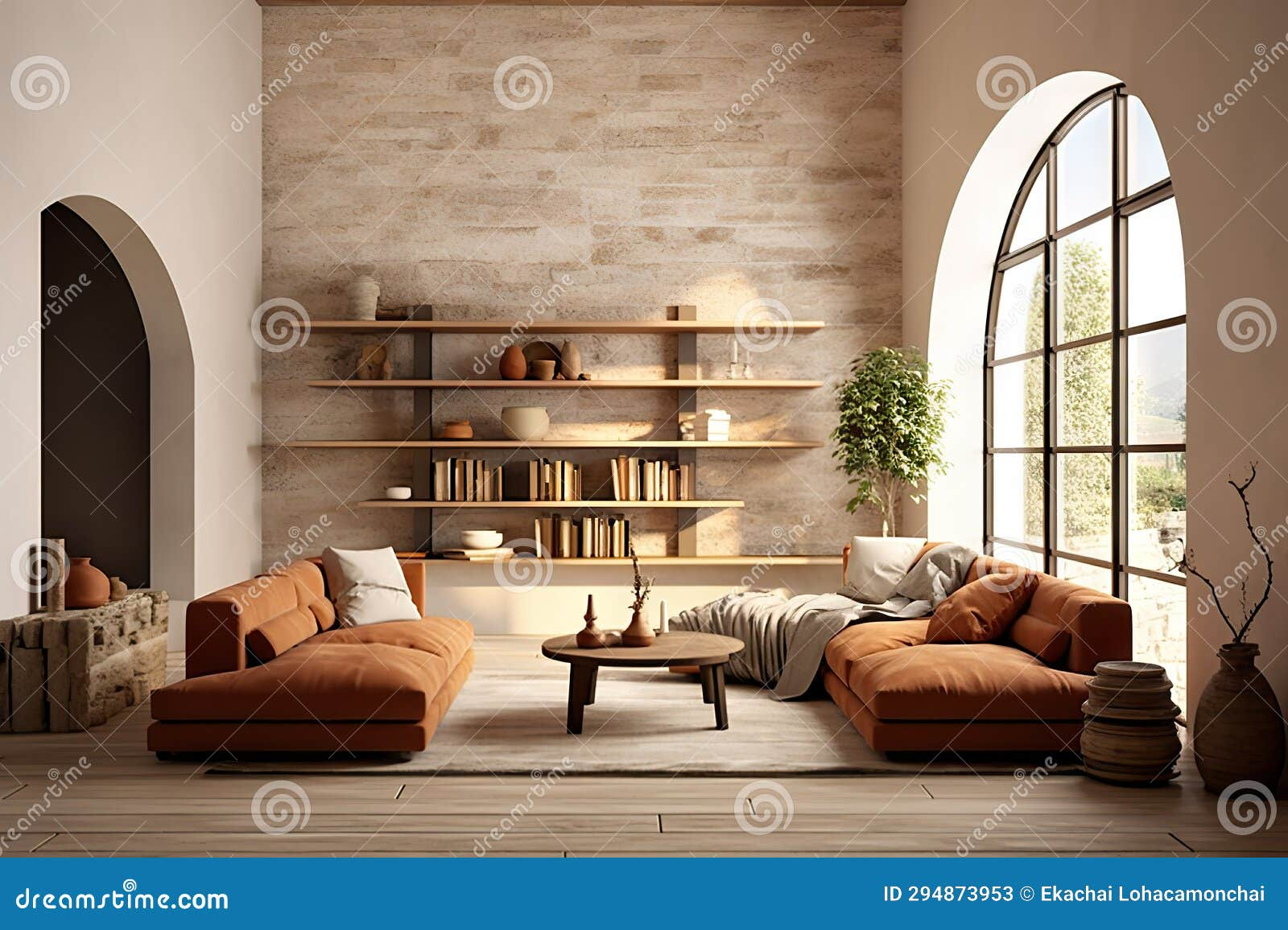Terra Cotta Sofa Against Stone Cladding Wall With Tv Modern Farmhouse Living Room Design ... throughout Styling Your Space with Authentic Terra Cotta Walter Wall Shelves