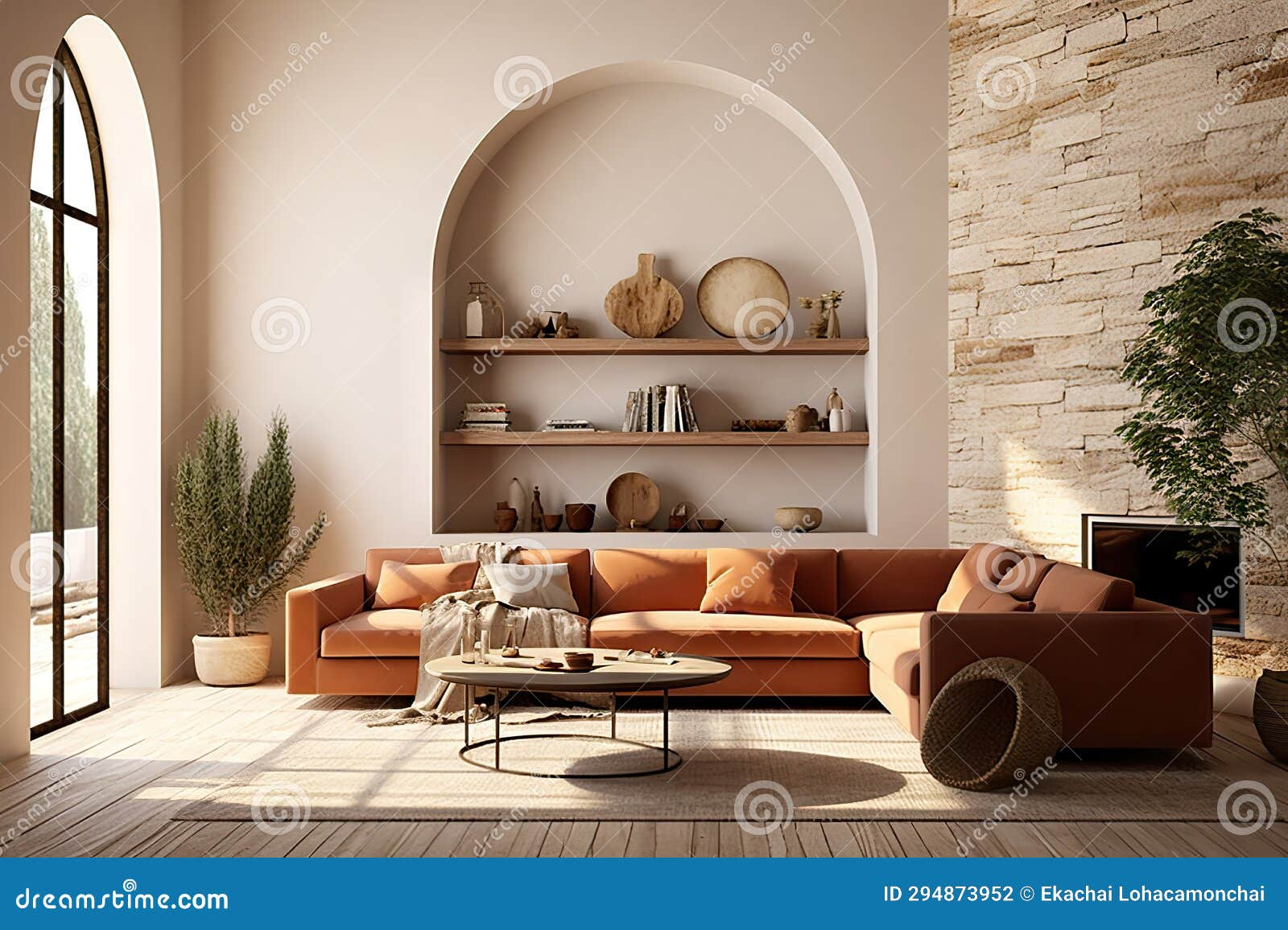 Terra Cotta Sofa Against Stone Cladding Wall With Tv Modern Farmhouse Living Room Design ... within Walter Wall Shelf, Terra Cotta