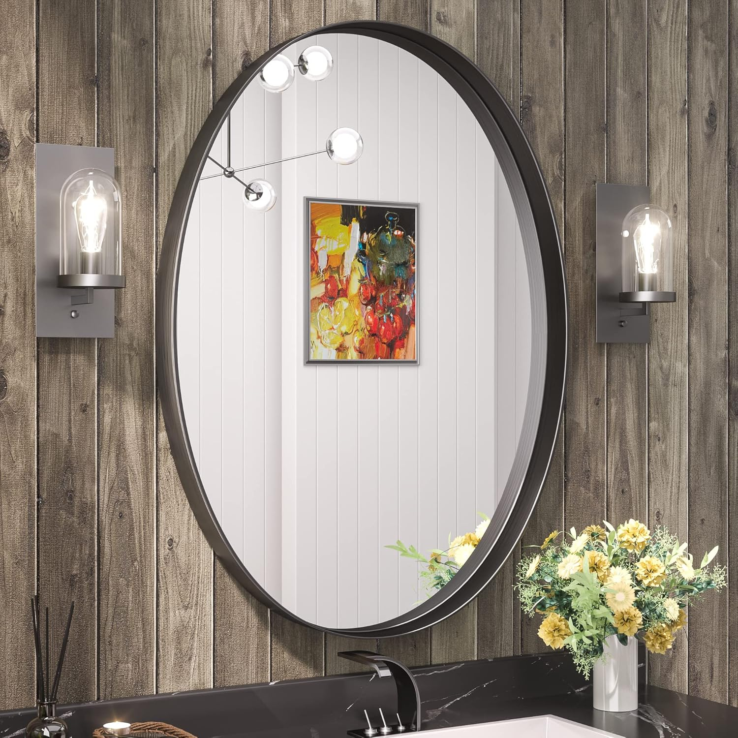 Tetote 24 X 36 Black Oval Bathroom Mirror Matte Black Framed Wall ... pertaining to Black Mirror Frame