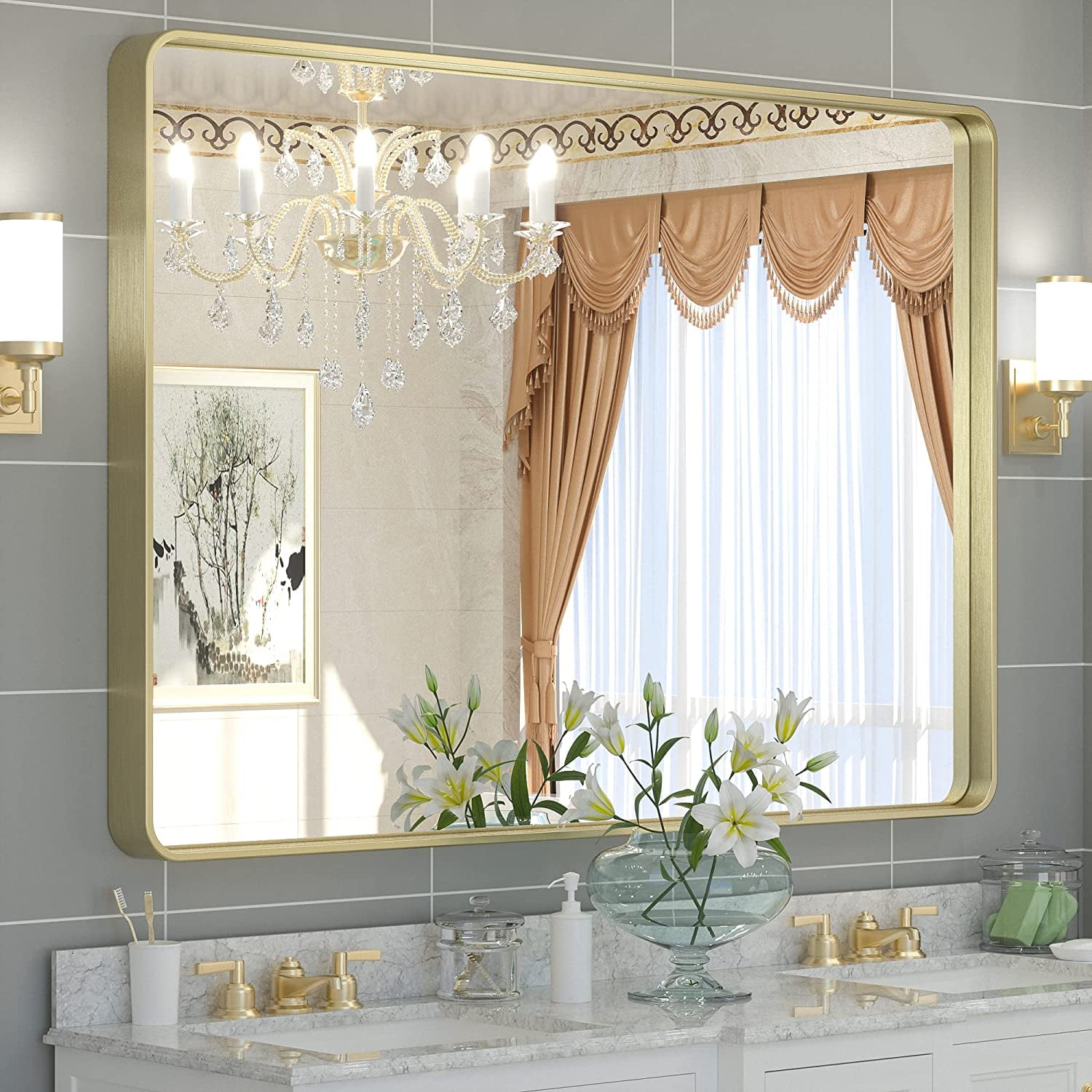 Tetote Large 48X36 Inch Rectangular Horizontal Gold Bathroom Mirror ... with Gold Arch Shaped Thin Metal Frame Wall Vanity Mirror - 24 X 36