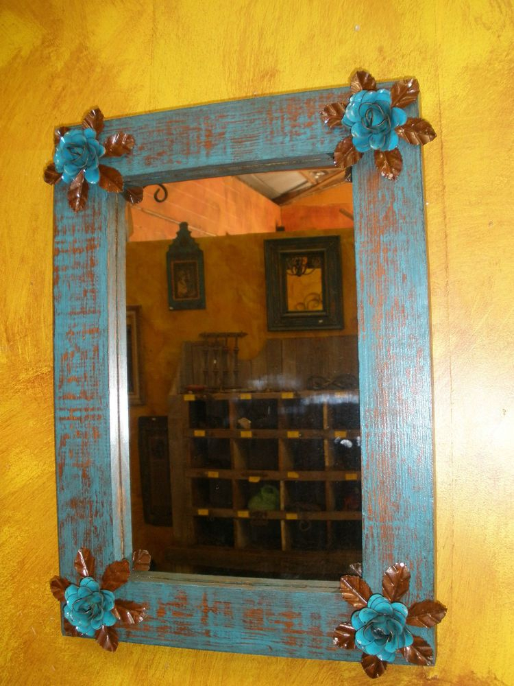 Turquoise Bloom Mirror-Wood-Mexican-16X20-Rustic-Flowers-Primitive-Beautiful | Rustic Flowers ... inside Finding the Perfect Turquoise Bloom Large Rustic Mirror for Your Aesthetic