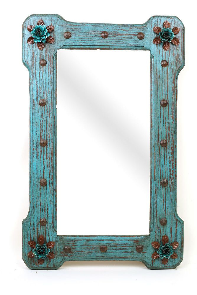 Turquoise Bloom Mirror-Wood-Mexican-25X36-Rustic-Flowers-Primitive-Beautiful | Rustic Accents ... intended for Turquoise Bloom Large Rustic Mirror