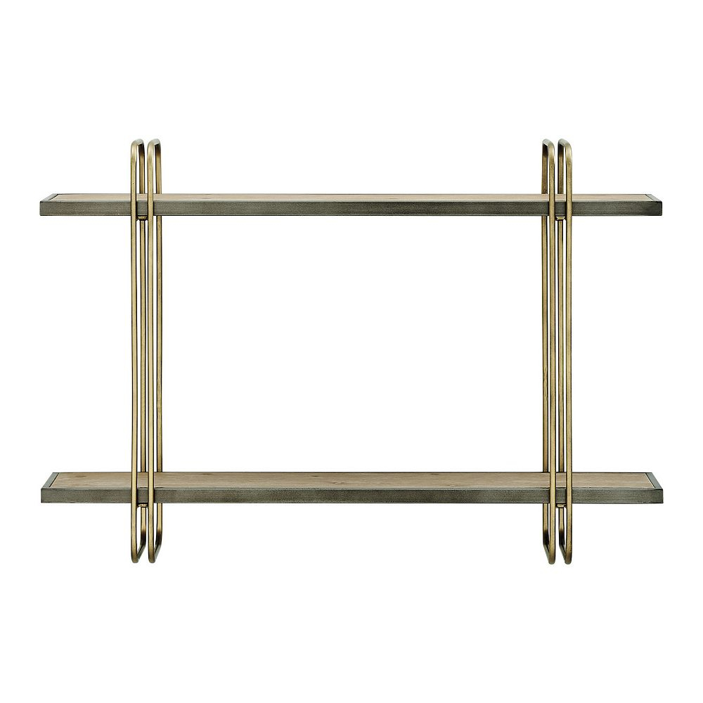 Two-Tier Warm Gold And Washed Oak Brown Metal Hanging Bracket Wall Mounted Shelf inside Danya B. Two-Tier Warm Gold Metal Hanging Bracket Wall Mounted Shelf