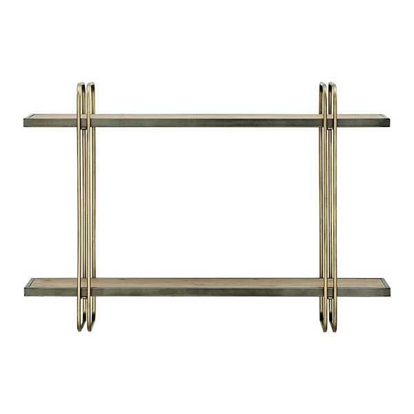 Two-Tier Warm Gold And Washed Oak Brown Metal Hanging Bracket Wall Mounted Shelf within Danya B. Two-Tier Warm Gold Metal Hanging Bracket Wall Mounted Shelf