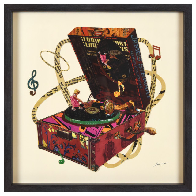 "Wind Up 78" Dimensional Collage, Under Glass, A Shadow Box Frame, 25" X 25" X 1.4 ... regarding "Saxphone" Dimensional Dimensional Collage, Under Glass, A Shadow Box Frame