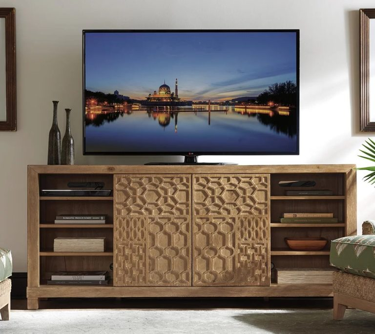 Wood Media Console With Carved Cabinet Faces Geometric Pattern Creative ... within Smart ways to organize your media console without the clutter