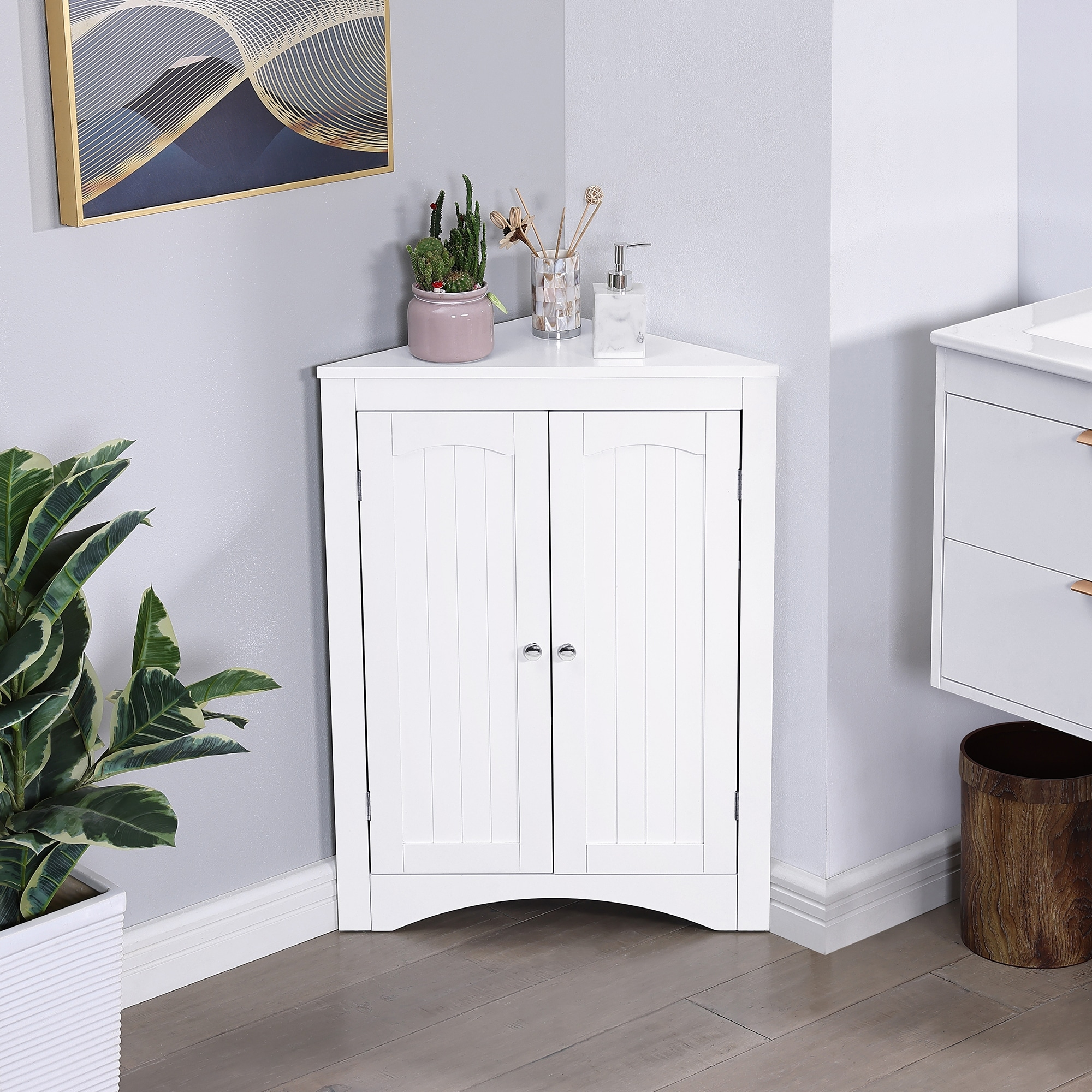 2 Tier Floor Coner Cabinet With Tempered Glass Door & Adjustable Shelf ... regarding Choosing the right 32 inch wood 2 door bathroom corner cabinet for your home
