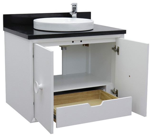 31" Single Wall Mount Vanity, White Finish With Black Galaxy Top ... within 31" Polystone Wall Mounted Vanity Only