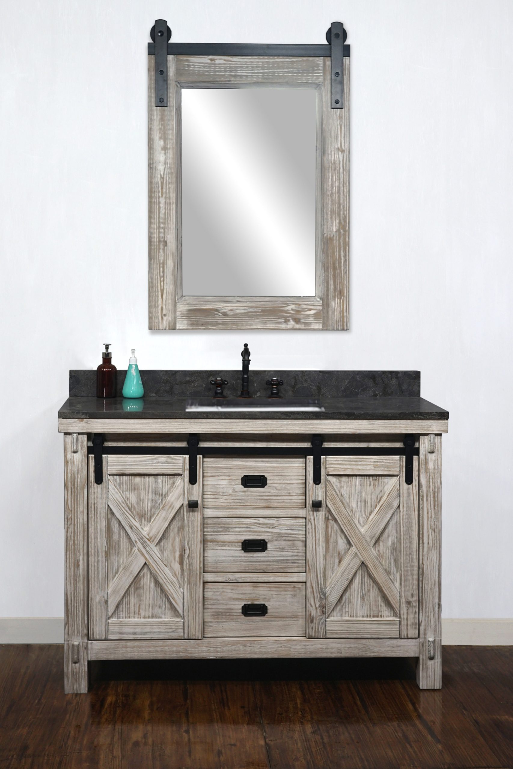 48" Rustic Solid Fir Barn Door Style Single Sink Vanity In White Washed ... inside How to Choose the Right 79 inch Rustic Solid Fir Barn Door Style Side Cabinet for Your Space