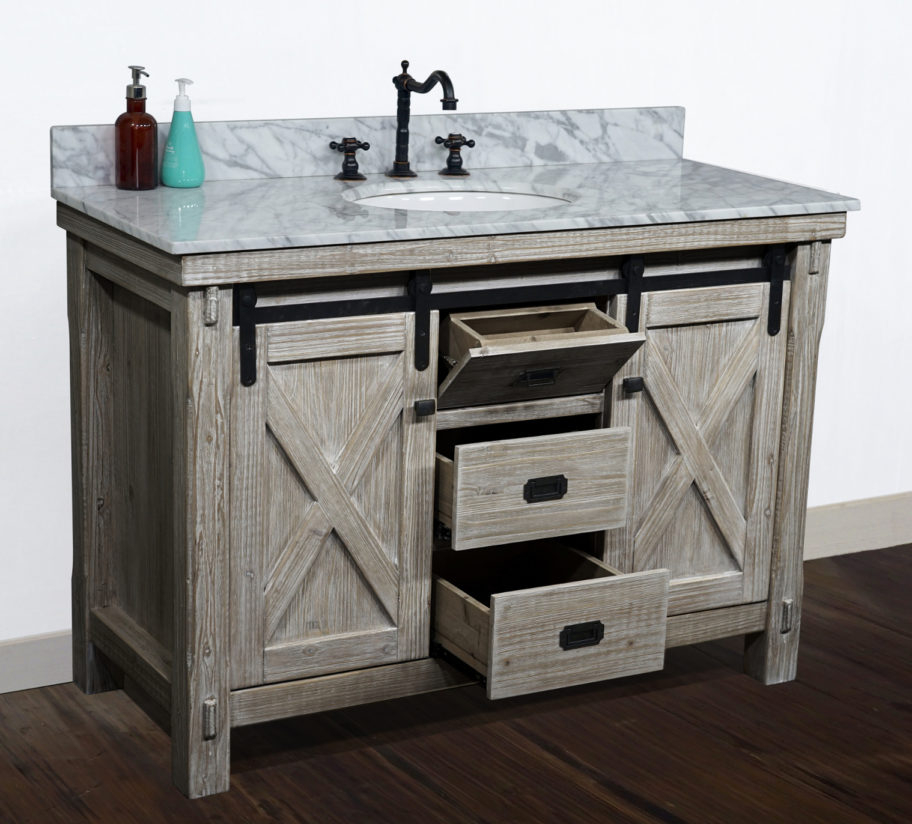 49″ Rustic Solid Fir Barn Door Style Single Sink Vanity With Marble Or ... for 79" Rustic Solid Fir Barn Door Style Side Cabinet