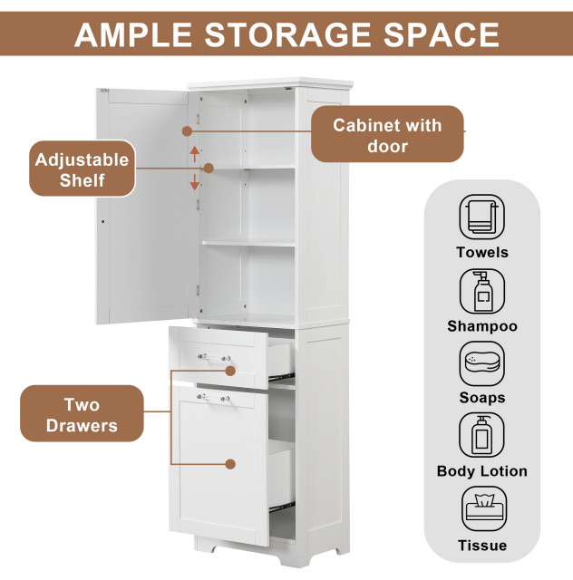 68" Tall Wood 1-Door Bath Cabinet, White, Drawers And Adjustable Shelf ... regarding 67" Wood 1-Door Bathroom Cabinet