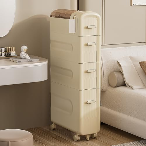 Amazon.com: 4-Tier Slim Bathroom Storage Cabinet With Drawers, Movable ... in Slim Bathroom Storage Cabinet, Freestanding Organizer For Compact Spaces