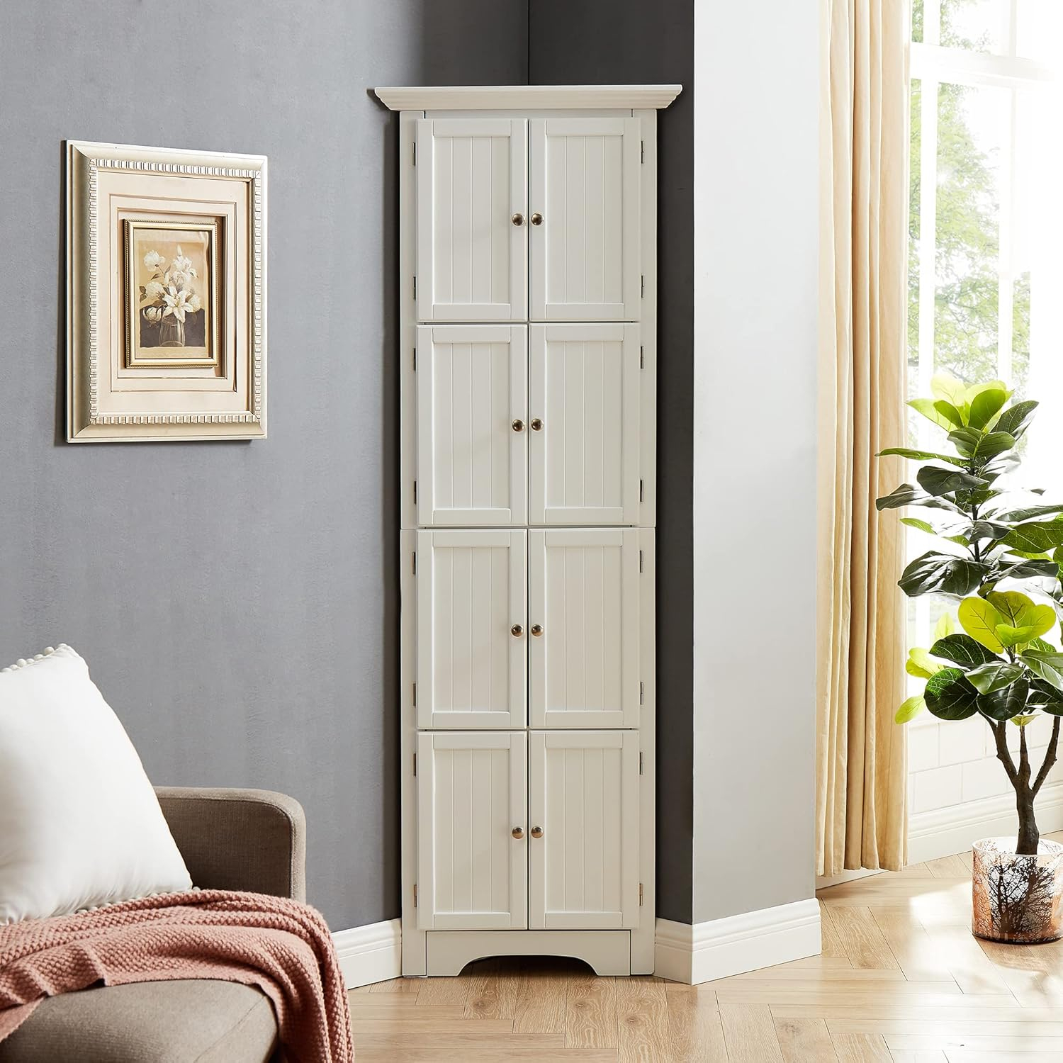 Amazon.com: Antsku Tall Corner Cabinet With 8 Doors And 4 Shelves ... intended for Vestal Tall Corner Cabinet, White