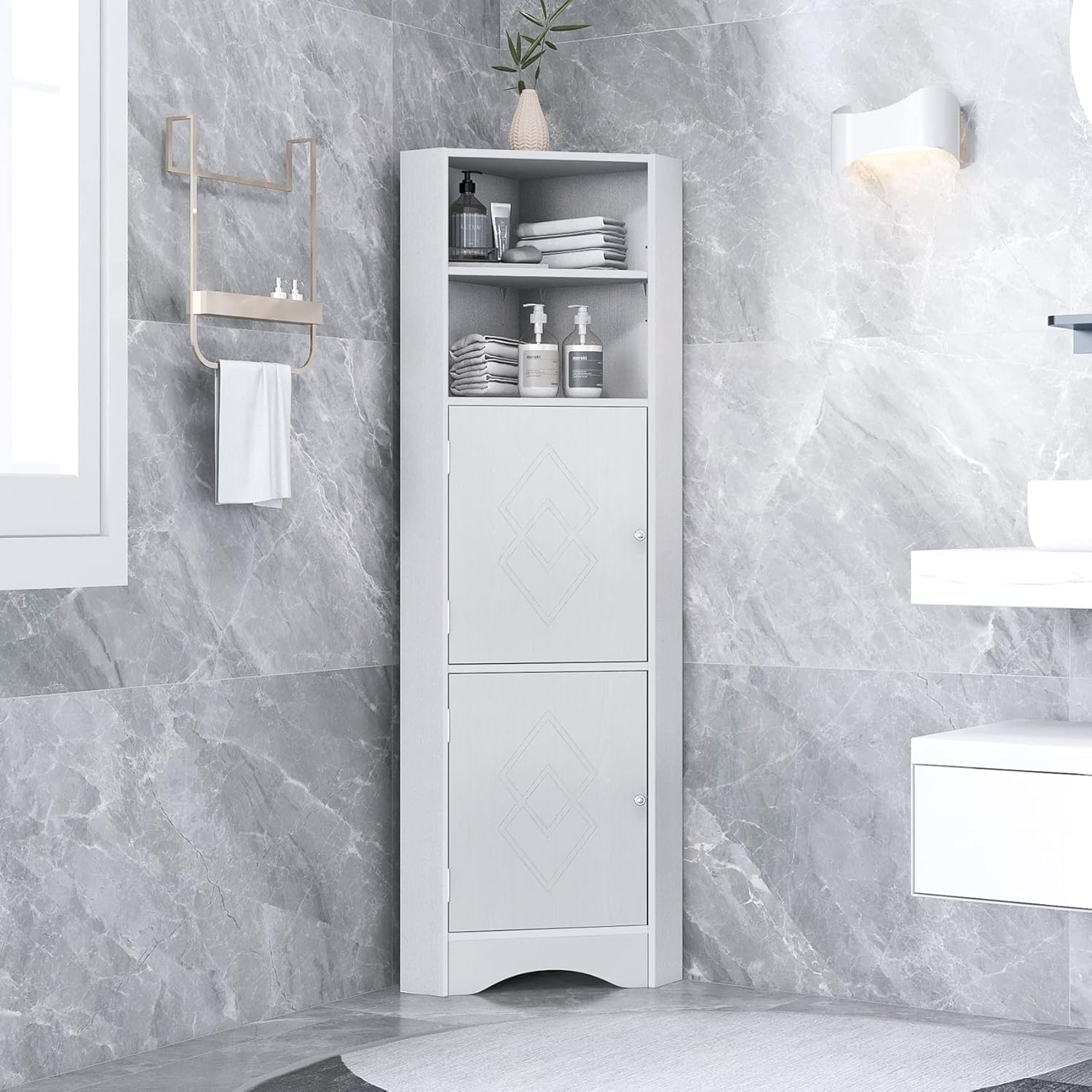 Amazon.com: Bnsply Tall Bathroom Corner Cabinet, Triangle Bathroom ... within Stylish Triangle Bathroom Storage Cabinet
