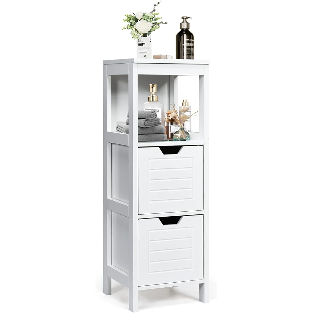 Amazon.com: Costway Bathroom Storage Cabinet, Freestanding Wooden Side ... in Costway Bathroom Floor Cabinet Freestanding Side Storage W/2 Removable Drawers