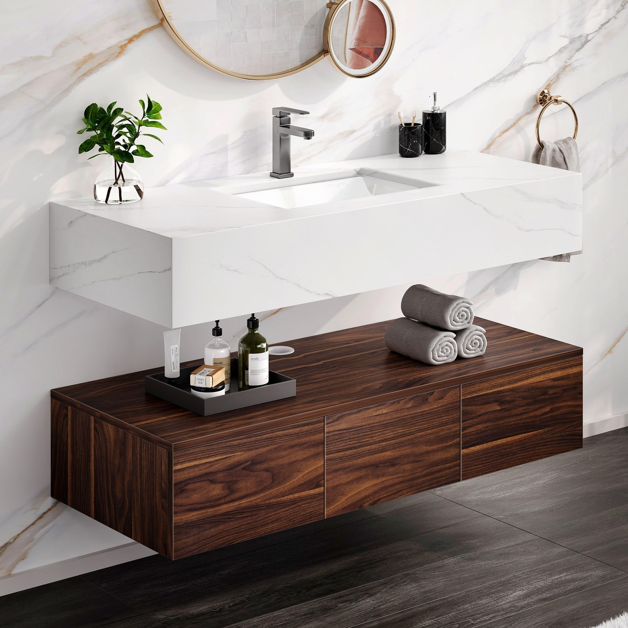 Amazon.com: Dwvo Floating Vanity Bathroom 48 Inch Wall Mounted Bathroom ... with Wall-Mounted Floating Bathroom Vanity Side Cabinet
