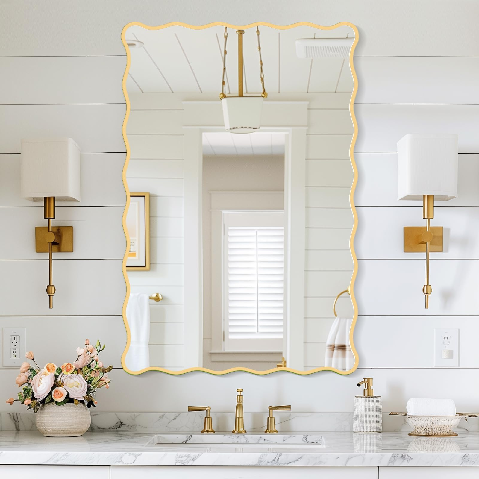 Amazon.com: Fuwu Home Gold Wavy Bathroom Mirror 20" X 30" Rectangle ... intended for Wavy Rectangular Mirror With Scalloped Wooden Frame