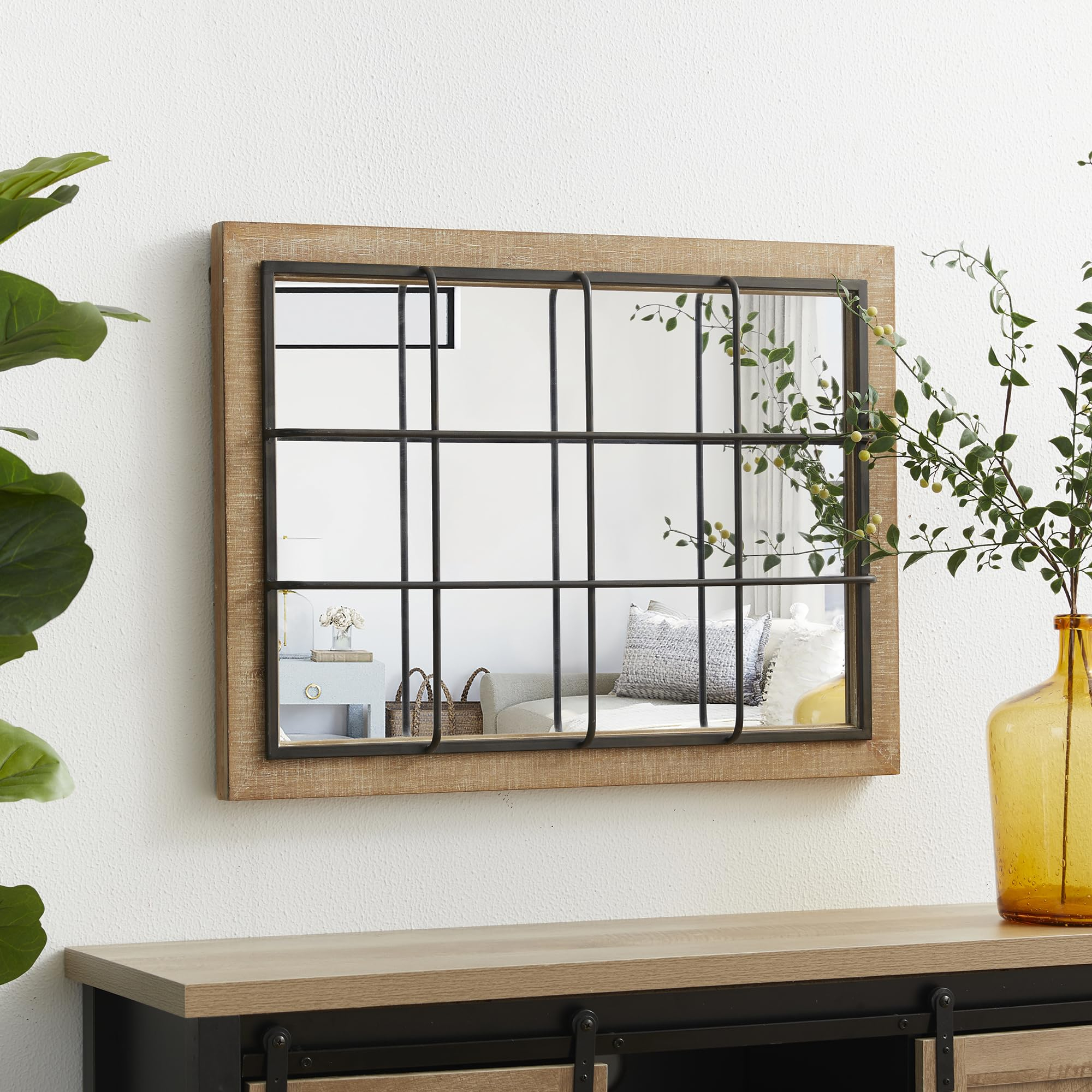 Amazon.com: Glitzhome Windowpane Wall Mirror - 24'' X 32'' Farmhouse ... intended for Vintage Windowpane Wall Mirror In Natural Wood Finish Rectangular Metal And