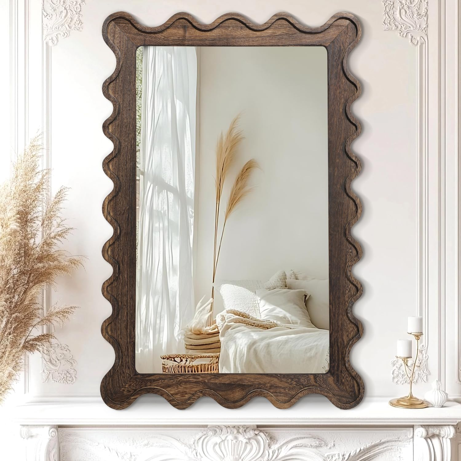 Amazon.com: Jjuuyou Large Wavy Rectangular Mirrors Vintage Bathroom ... in Wavy Rectangular Mirror With Scalloped Wooden Frame