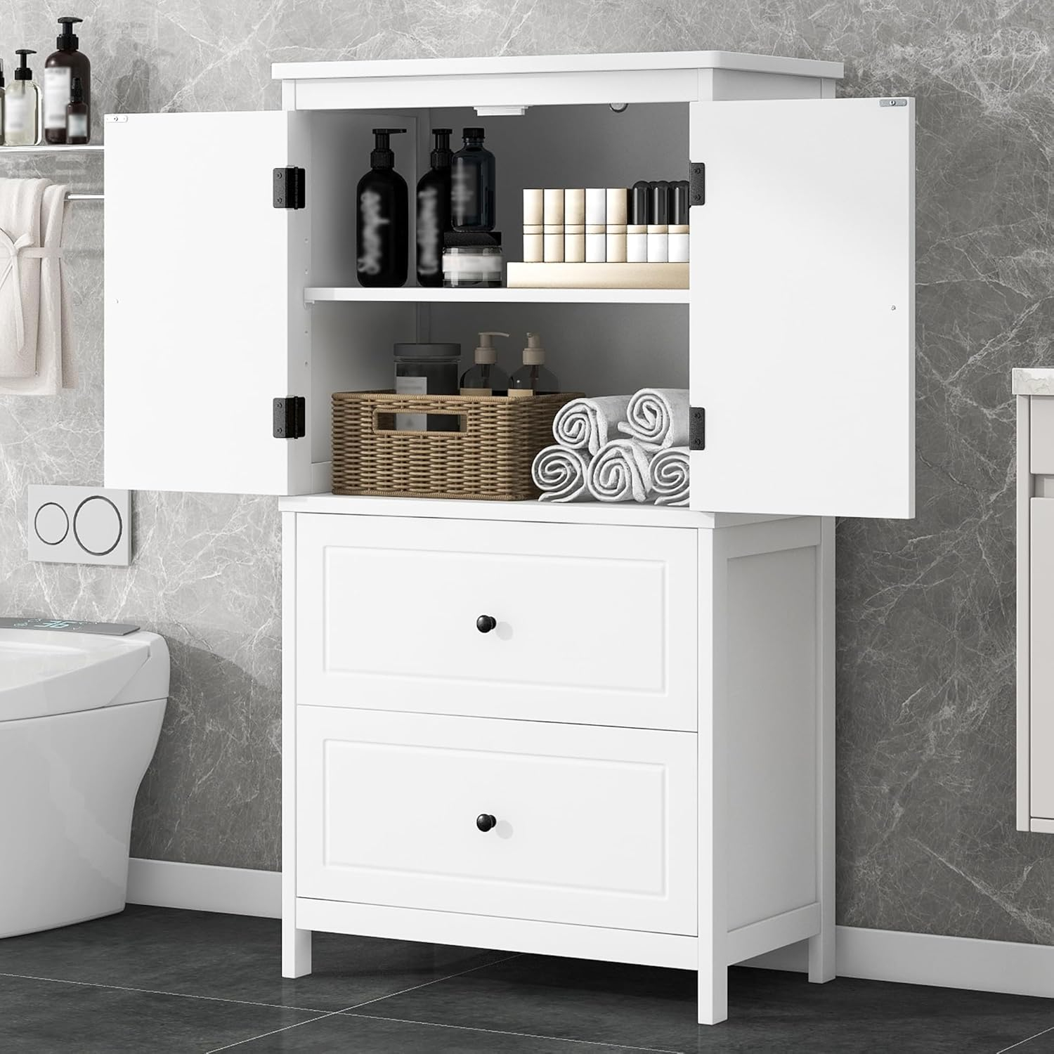 Amazon.com: Llsmnba 43 Inch Tall Bathroom Storage Cabinet With Two ... inside 67" Tall Wood 2-Door Bath Cabinet, Drawer And Adjustable Shelf