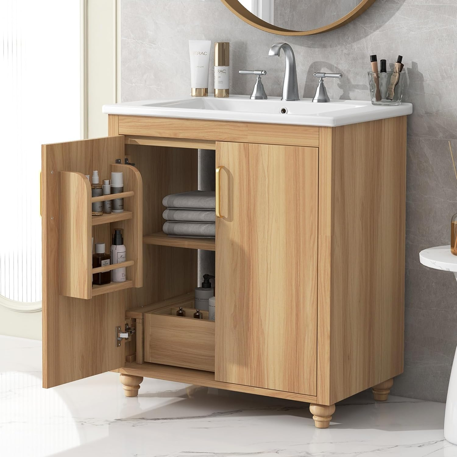 Amazon.com: Lumisol 30" Bathroom Vanity With Sink, Small Bathroom ... with regard to Understanding the Design Features of Gewnee 1-Shelf Freestanding Vanity Cabinet Light Gray