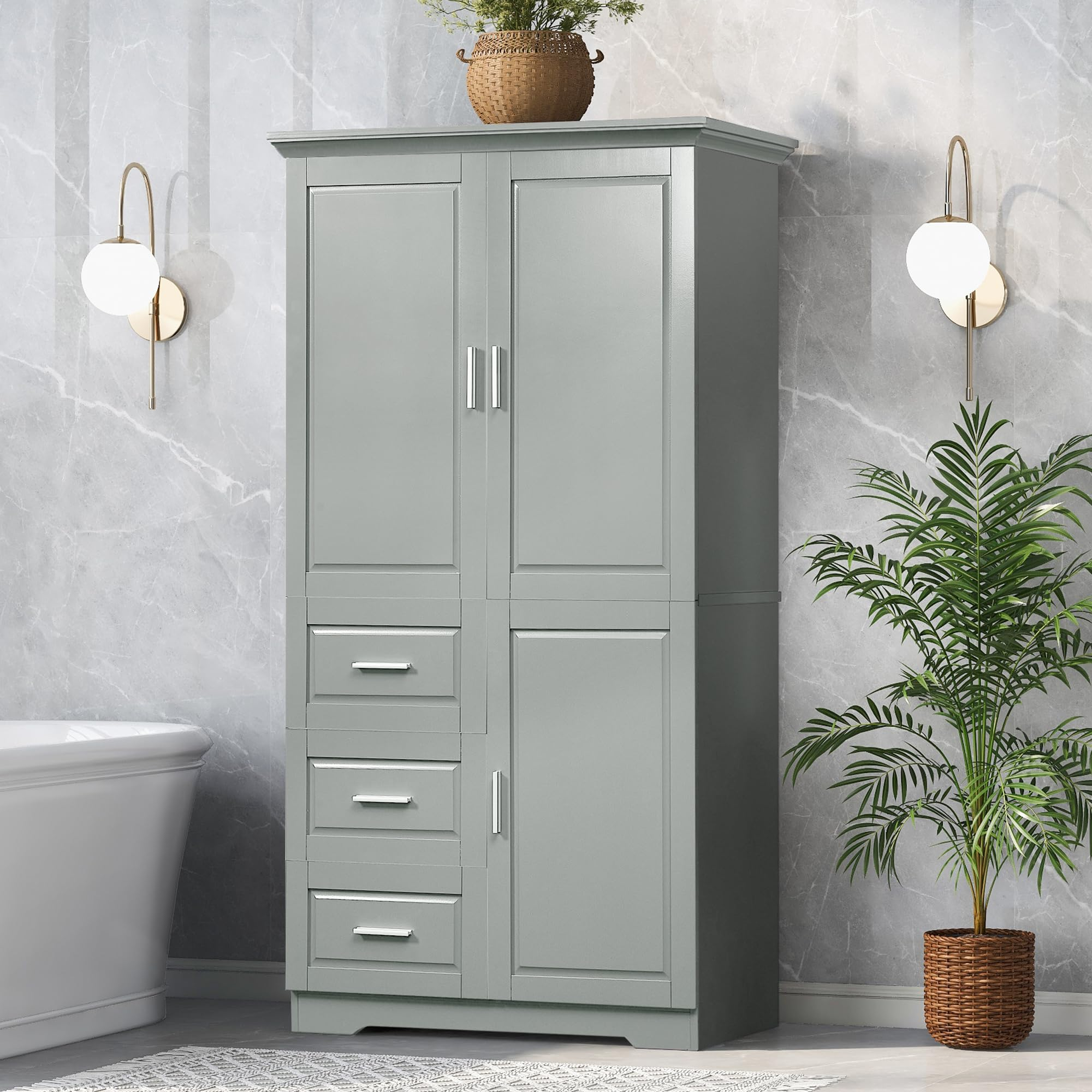 Amazon.com: Merax Tall Bathroom Storage Cabinets, Modern Storage ... with 62" Tall Wood 1-Door Bath Cabinet, Grey, Drawers And Adjustable Shelf