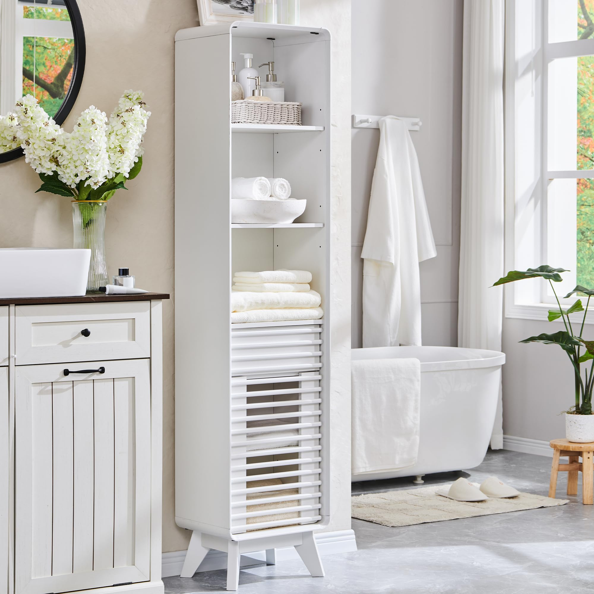 Amazon.com: Okd 68" Tall Bathroom Storage Cabinet, Mid-Century Linen ... with 68" Tall Freestanding Bath Cabinet, 3 Drawers And Adjustable Shelf, White