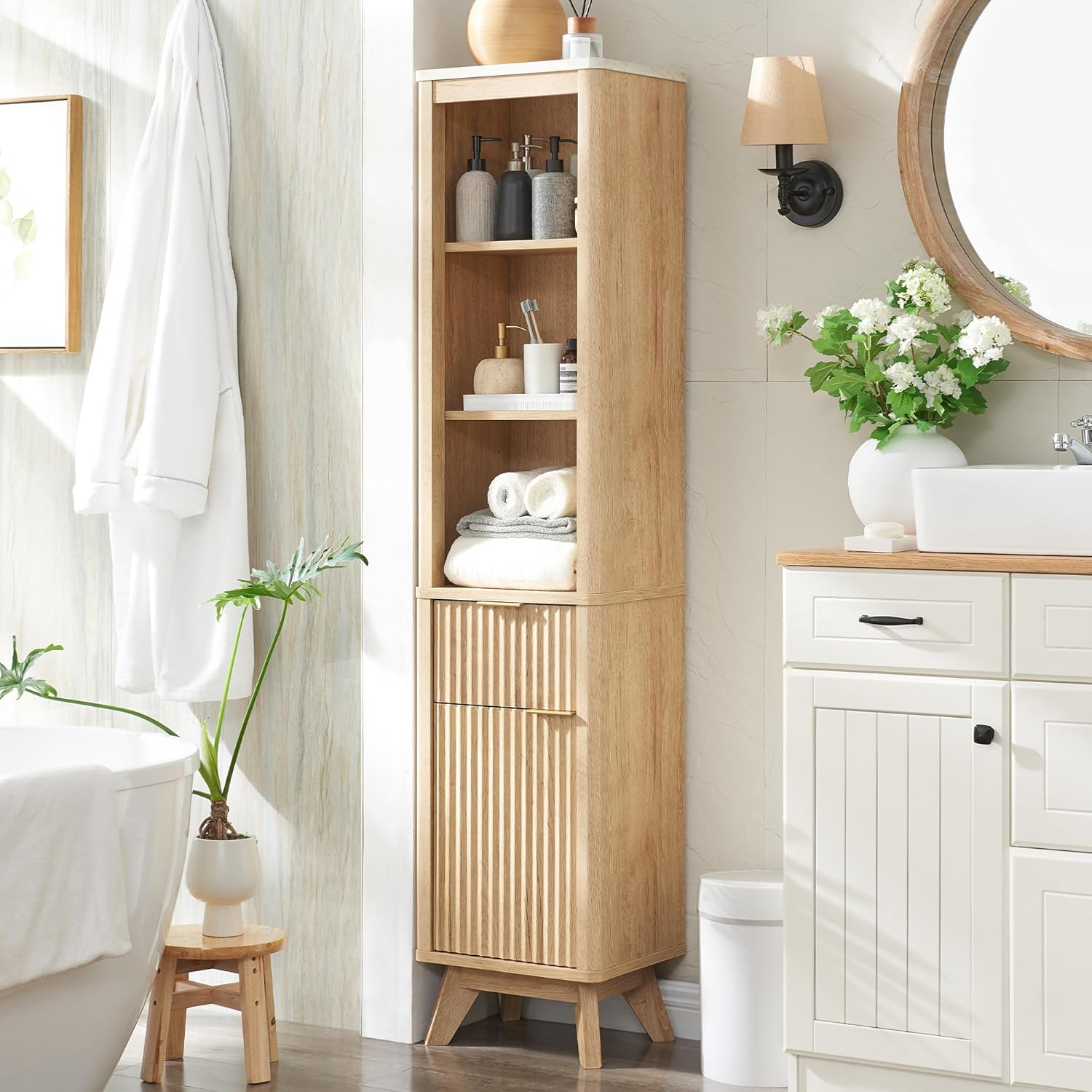 Amazon.com: Redlemon 68" Tall Bathroom Narrow Storage Cabinet With ... for Essential elements of effective bathroom organization