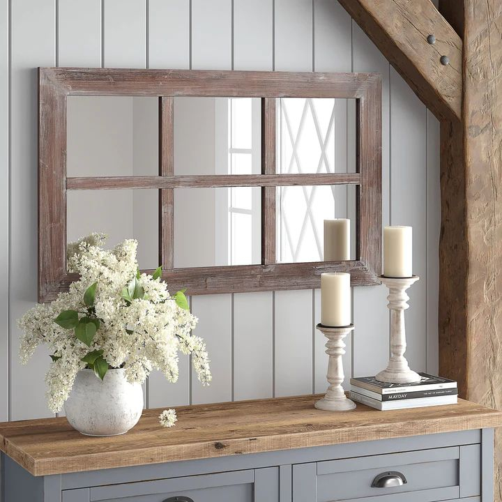 Barnyard Designs 24X40 Windowpane Wood Farmhouse Wall Mirror, Large ... regarding Understanding the Appeal of Vintage Windowpane Wall Mirrors with Natural Wood Finishes