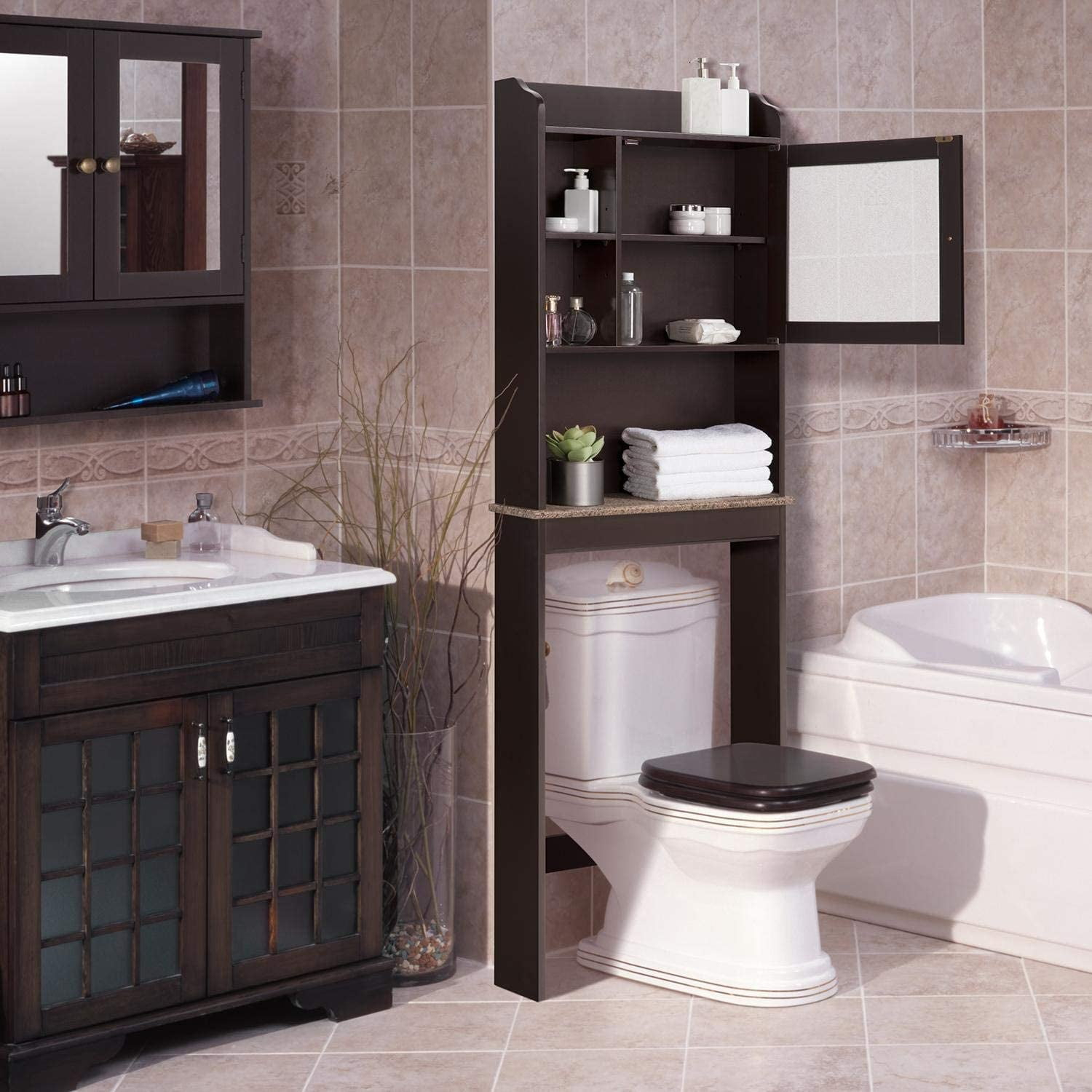 Bathroom Above Toilet Cabinet, Espresso Mdf Storage Cabinet, Bathroom ... within Deborah Over-The-Toilet Wall-Mounted Storage Cabinet In Dark Espresso