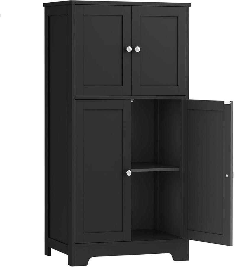 Black Bathroom Floor Storage Cabinet With 2 Adjustable Shelves & 4 ... inside Black Bathroom Floor Storage Cabinet