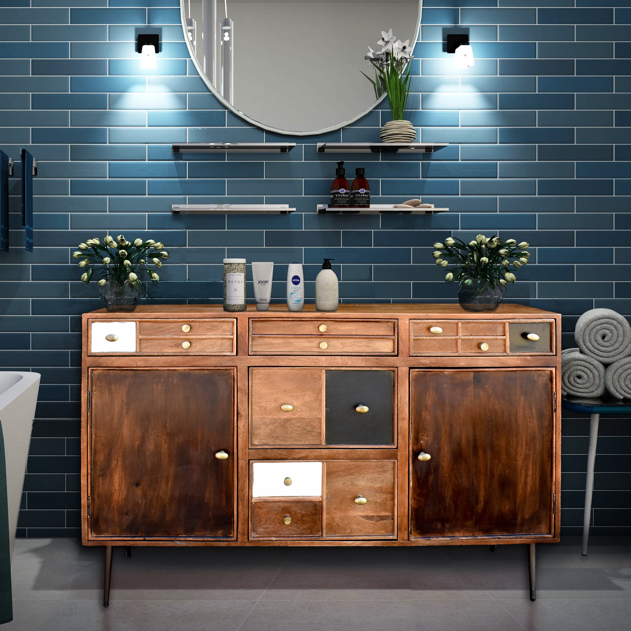 Chic Teak Tawa Mango Wood Bathroom Linen Cabinet With 5 Drawers & 2 ... pertaining to Nuna Mango Wood Bathroom Linen Cabinet