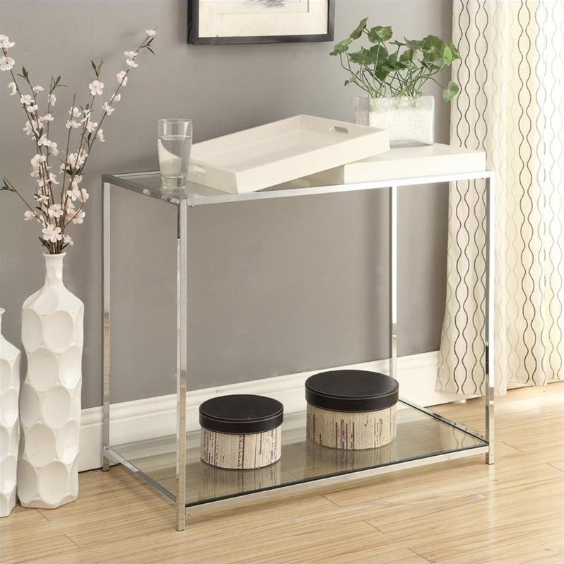Convenience Concepts Palm Beach Clear Glass Console Table In Chrome ... inside Linon Summit Metal And Glass Floor Console In Chrome