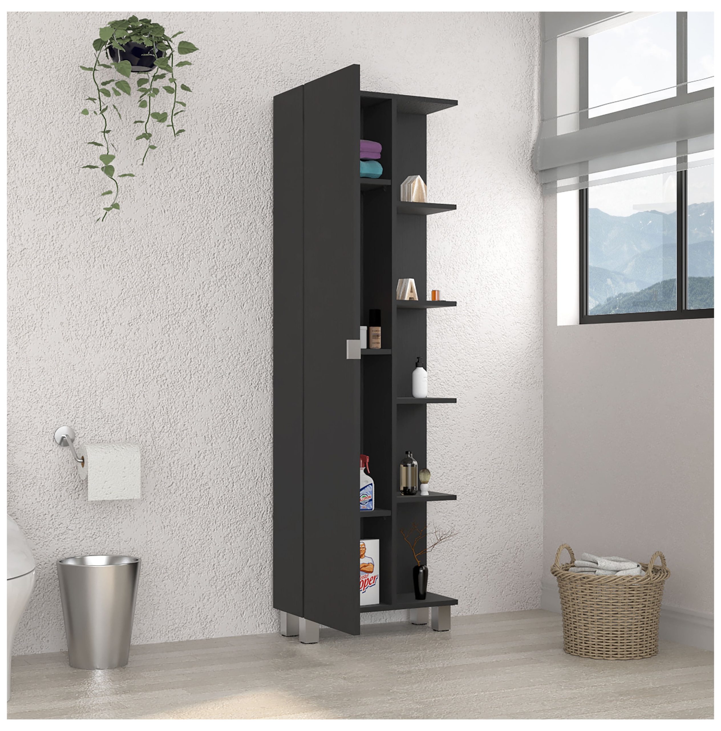 Corner Cabinet Womppi, Five Open Shelves, Single Door, Black Wengue ... intended for Corner Cabinet Womppi