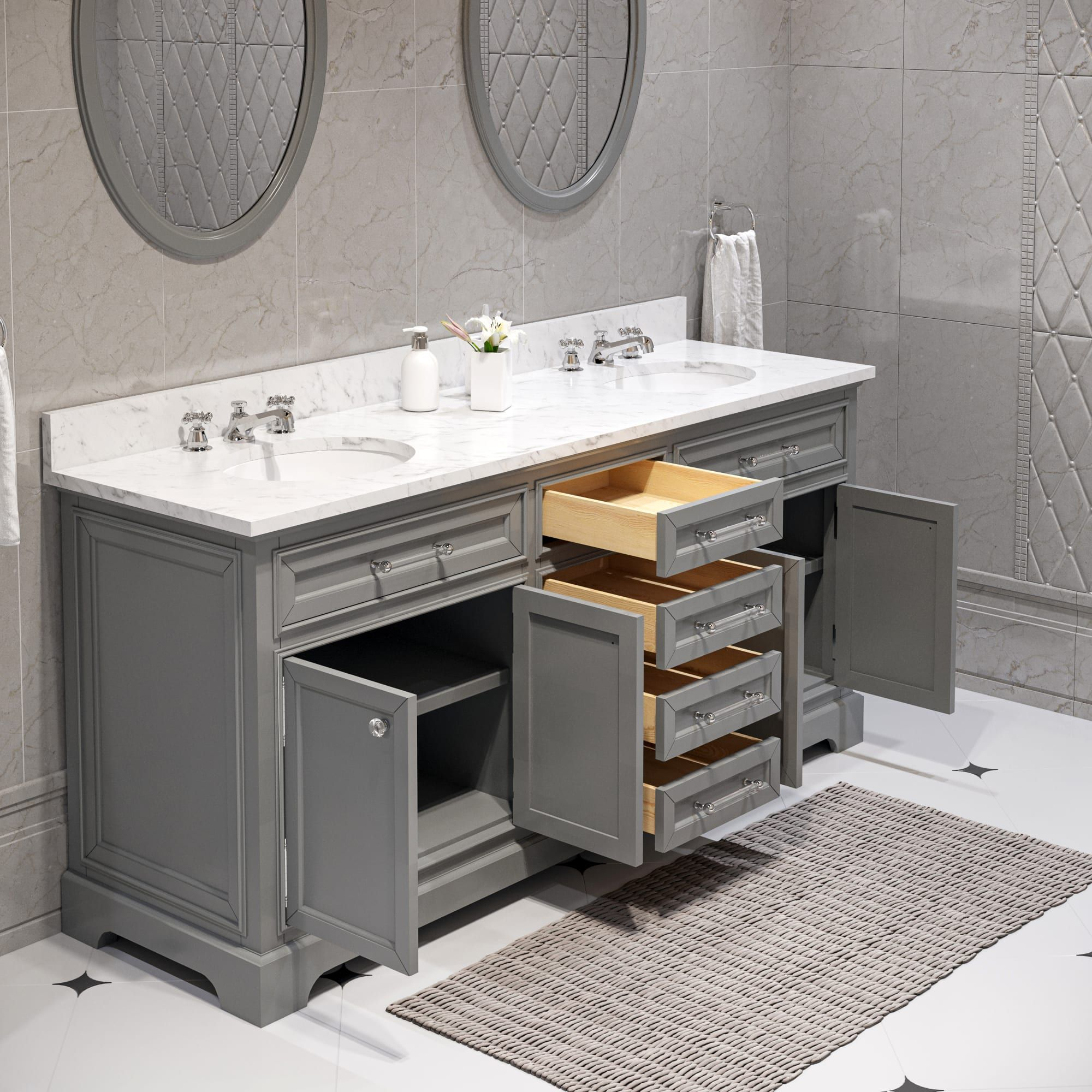 Derby 72 In. Double Sink Bathroom Vanity With Carrara White Marble Top ... inside The Derby Collection Linen Cabinet