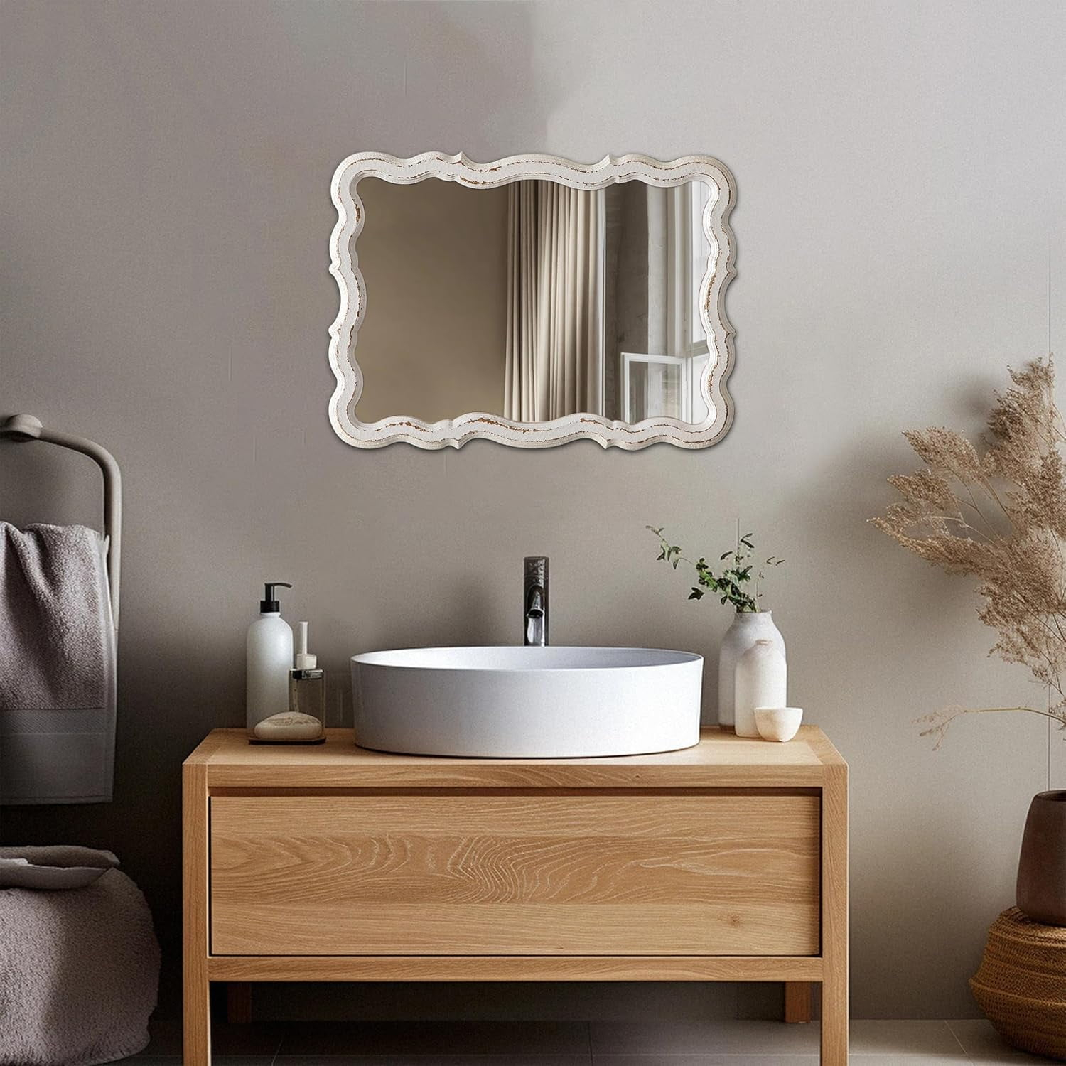 Farmhouse Wavy Wall Mirror 13 X 18 Inches, Hanging Distressed White ... in How to Choose the Perfect Wavy Rectangular Mirror With Scalloped Wooden Frame for Your Home