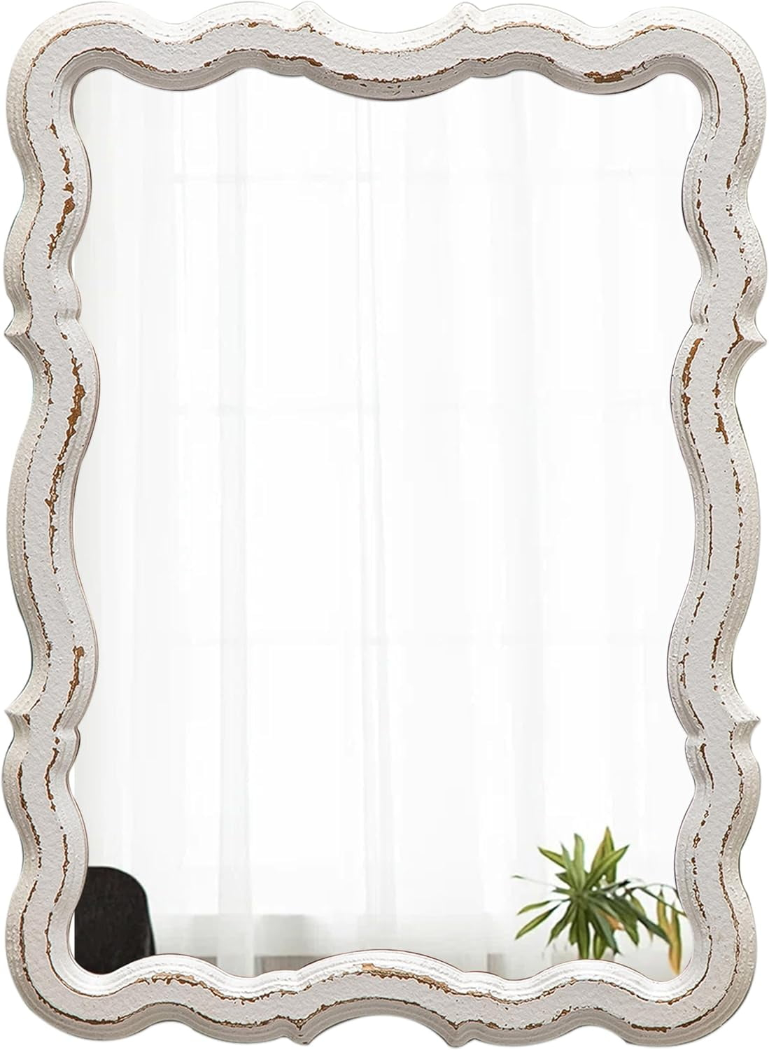 Farmhouse Wavy Wall Mirror 13 X 18 Inches, Hanging Distressed White ... throughout Wavy Rectangular Mirror With Scalloped Wooden Frame