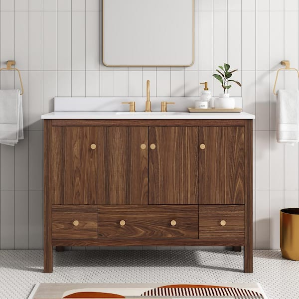 Glacier Bay Rory 48 In. Single Sink Walnut Bath Vanity With White ... pertaining to 48" Single Or Double Sink Compatible Bathroom Vanity Cabinet - Walnut