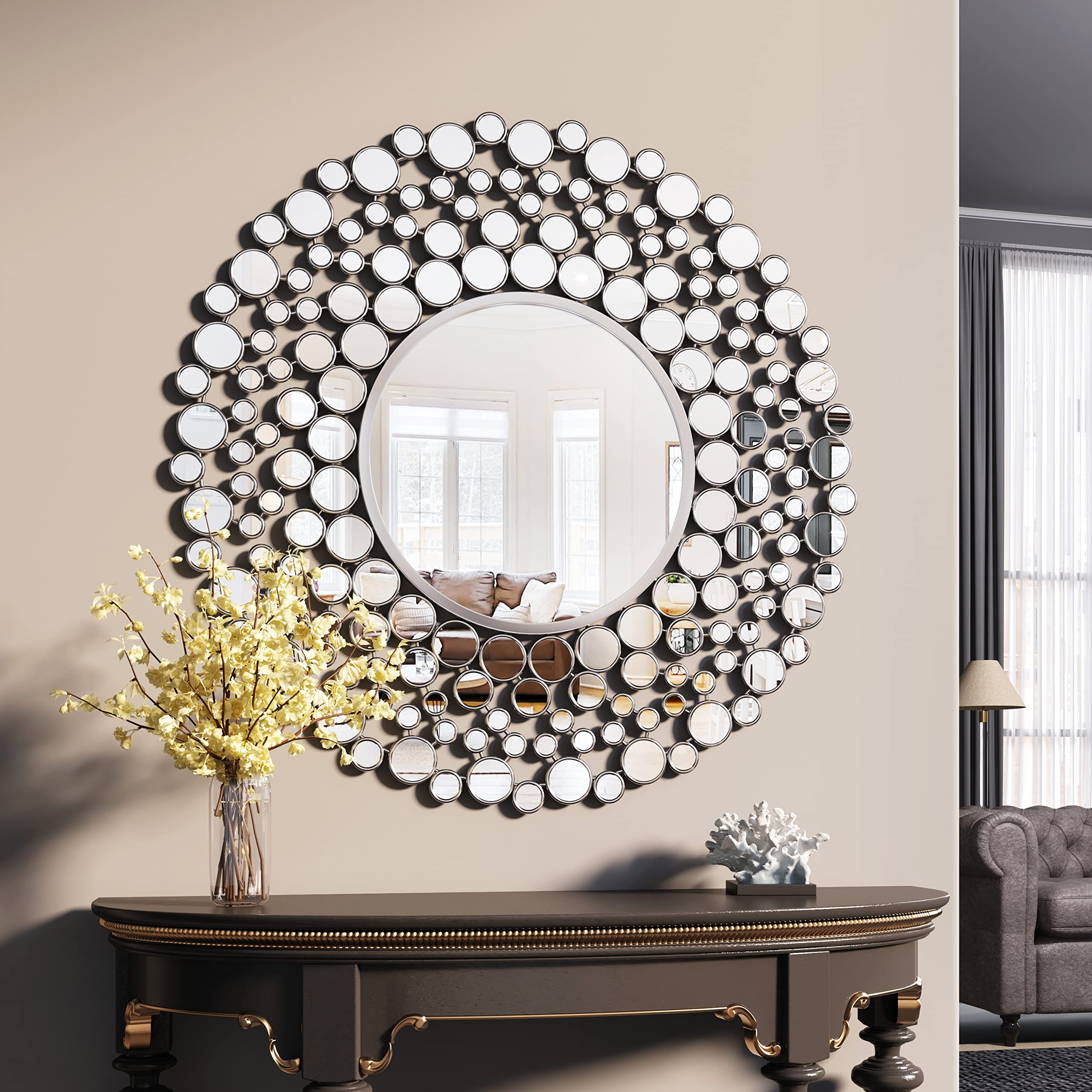 Hmange Round Decorative Wall Mirror, Large Modern Silver Mirrors For ... inside The Psychology of Mirror Placement in Modern Home Interiors