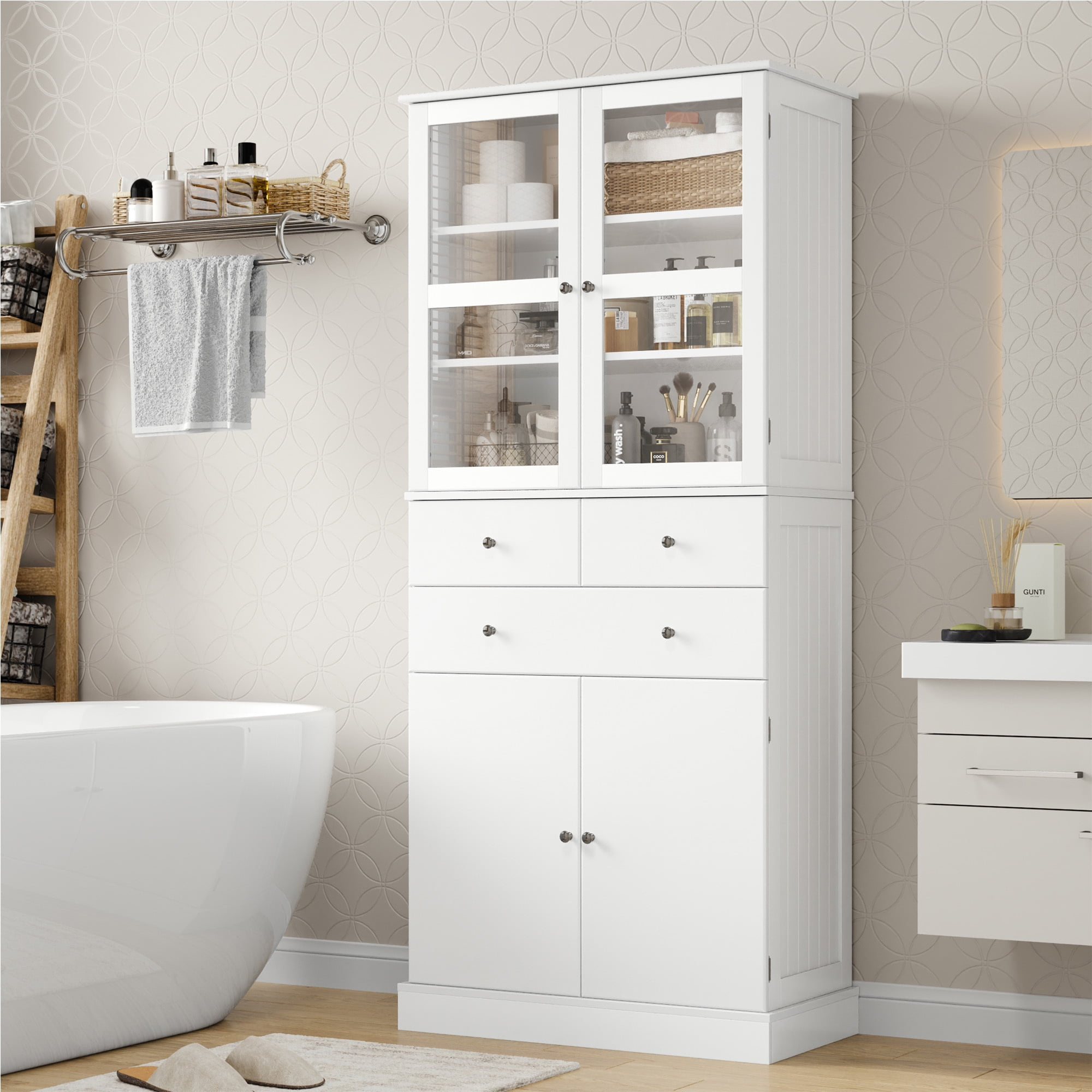Homfa 71'' Wooden Floor Standing Linen Cabinet, Modern Bathroom Cabinet ... intended for Wlf2121 Linen Cabinet, White