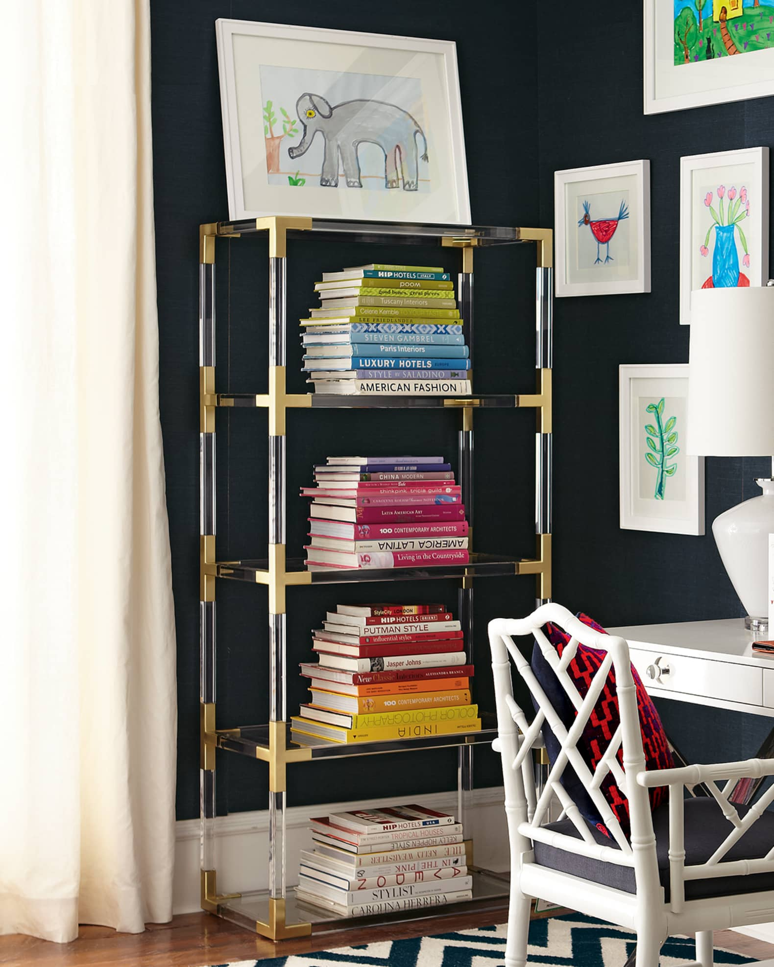 Jonathan Adler Jacques Acrylic & Brass Etagere | Neiman Marcus intended for Behind the Scenes with Jacques Etagere and His Brass Masterpieces