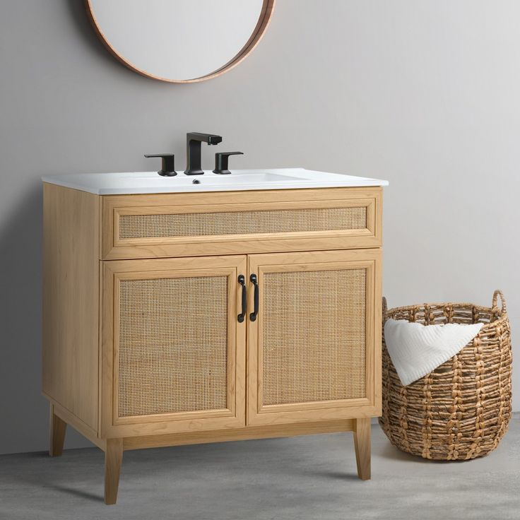 Jonathan Y Van1011A Javer 36 In. W X 18 In. D X 33 In. H Rattan Modern ... with 36" Modern Farmhouse 2-Shelf Bath Vanity Cabinet Only (Sink Basin Not Included)