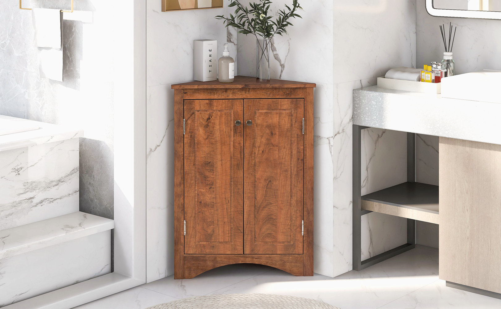 Latitude Run® Oak Triangle Bathroom Storage Cabinet With Adjustable ... pertaining to Stylish Triangle Bathroom Storage Cabinet