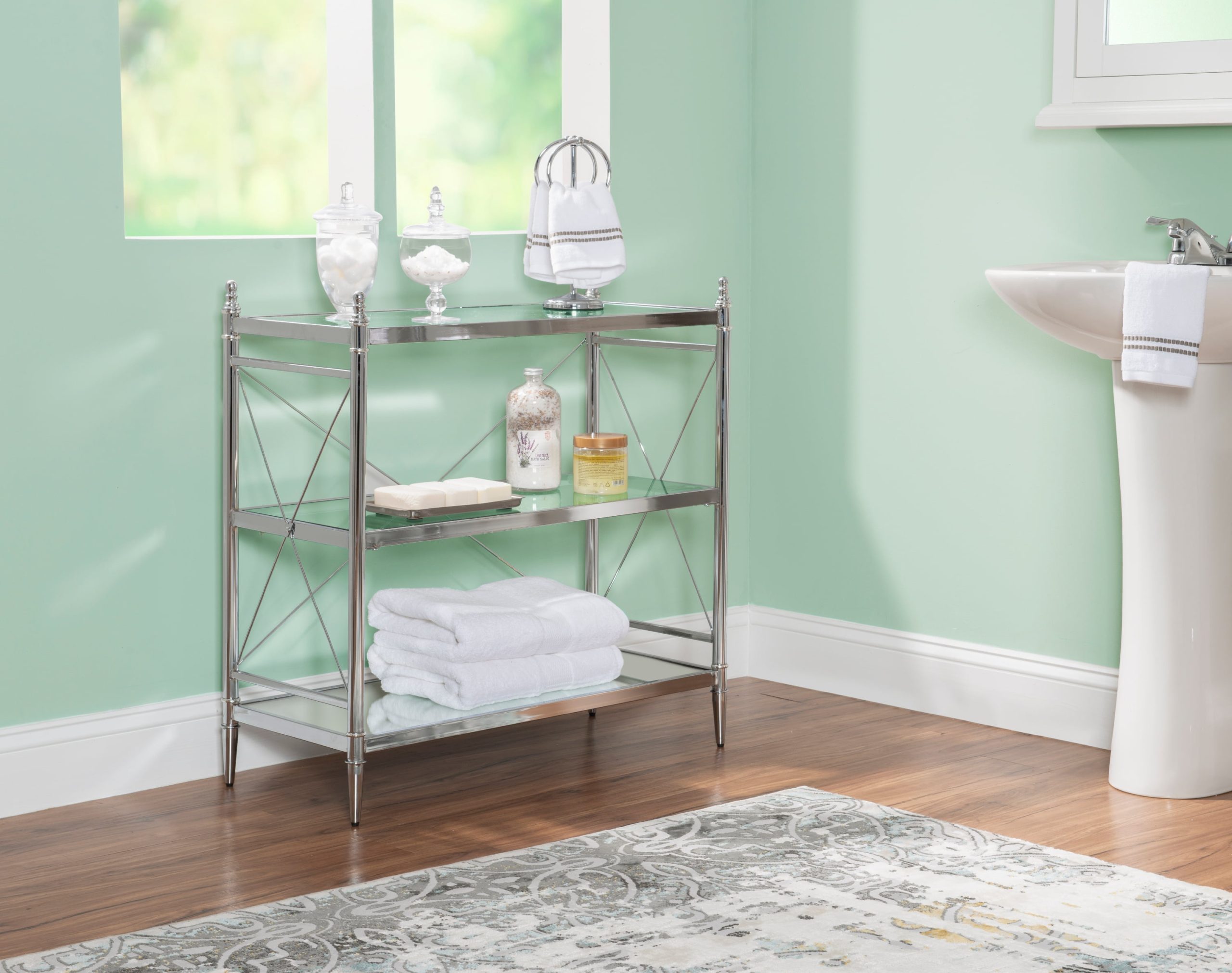Linon Simsbury 3-Shelf Chrome Glass Console Table For Storage And ... inside Linon Summit Metal And Glass Floor Console In Chrome