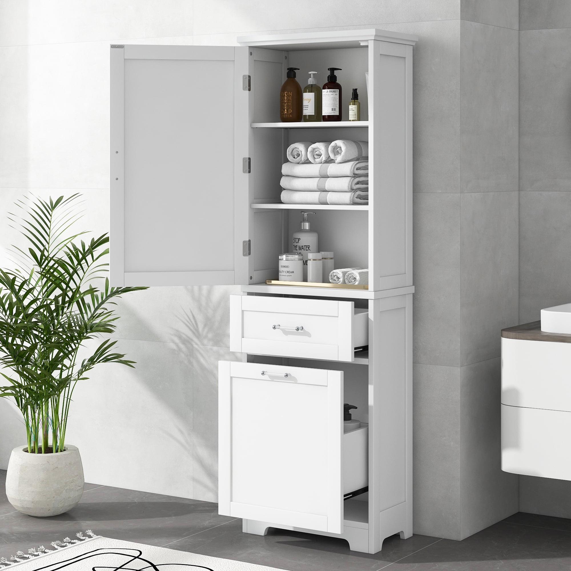 M Optimized 68" Tall Storage Cabinet, Modern Freestanding Storage ... pertaining to 68" Tall Freestanding Bath Cabinet, 3 Drawers And Adjustable Shelf, White